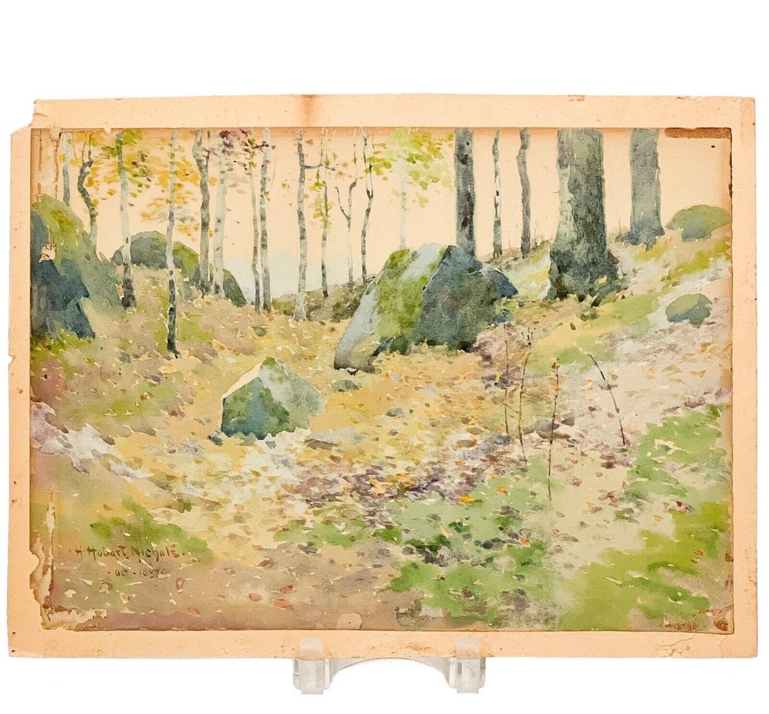 Hobart Nichols Landscape Watercolor Painting Paper on Cardboard Signed: Hobart Nichols (American, 1869-1962) watercolor painting, paper on cardboard. Landscape painting of a forest, artist signed to the lower left edge. Paper mounted on cardboard. Measurements: Approx. Ar