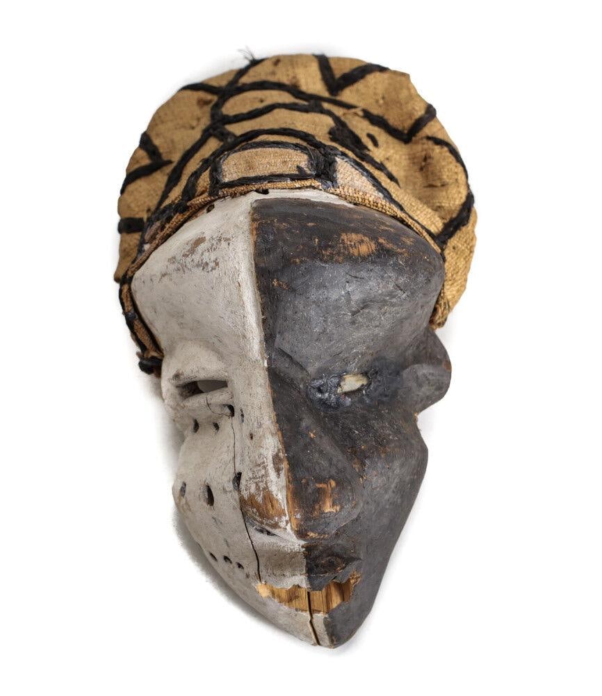African Pende Wood Carved Mask pigment painted white and black woven cloth (1 of 7)