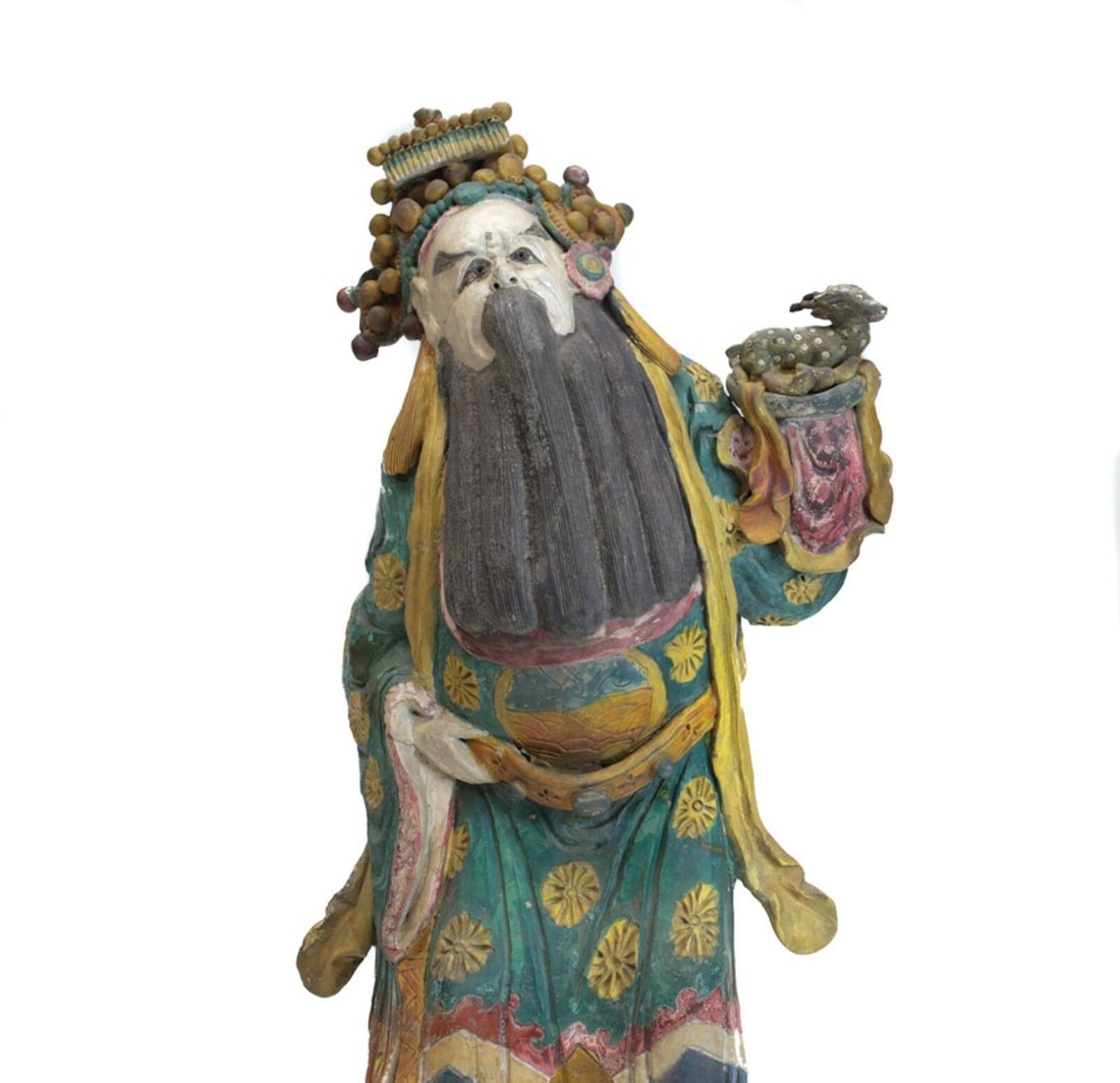 19th c Chinese Polychrome Stucco Roof Figure black bearded man in green: 19th century Chinese Polychrome Stucco Glazed Roof Figure, black bearded man in green and multicolored robes, holding a bowl with a small deer. Elaborate headdress. Metal and acrylic mount. 16.5Lbs Me