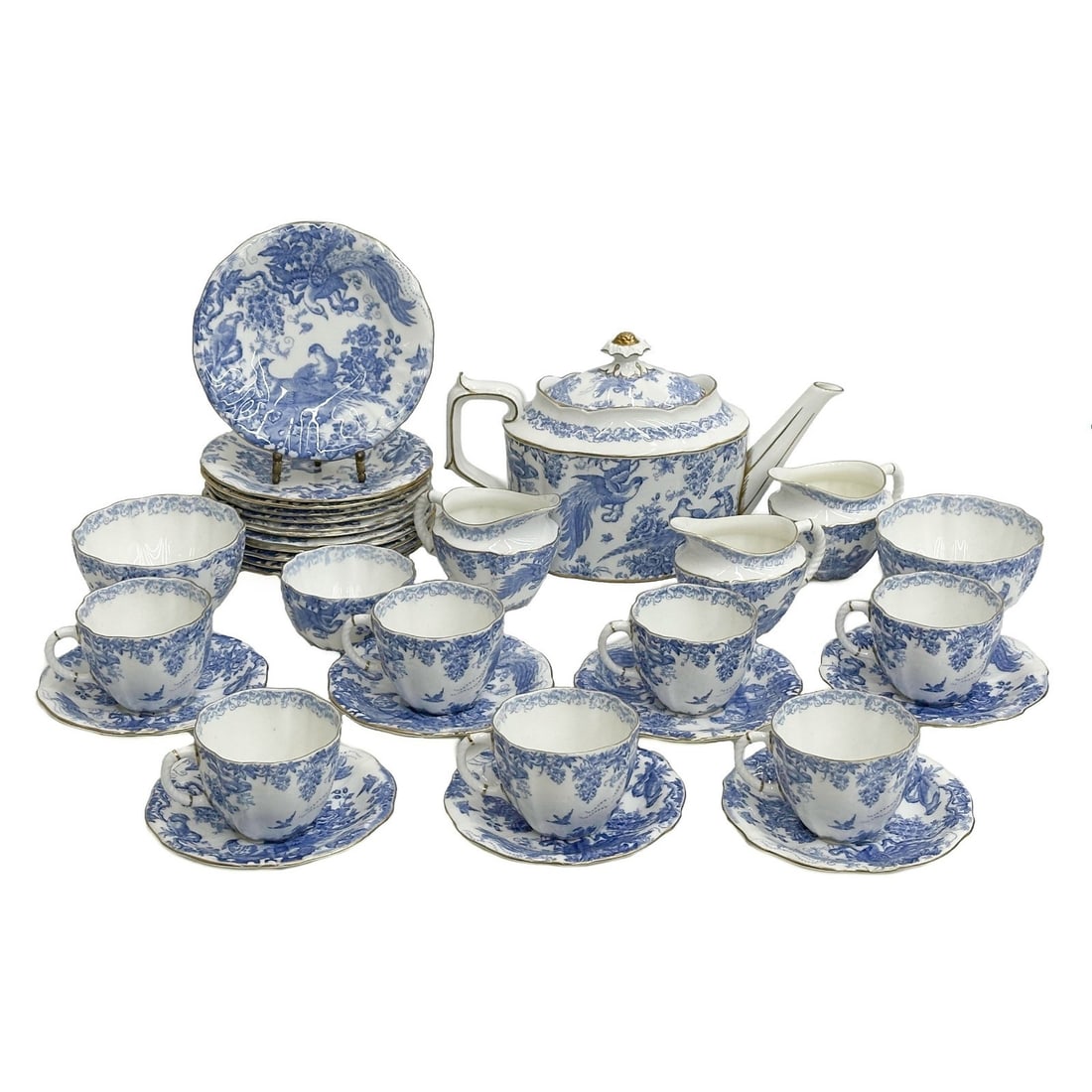 26pc Royal Crown Derby Blue Aves Birds Porcelain Tea Set for 7 circa 1945: Royal Crown Derby England Porcelain Tea Set for 7 in Blue Aves. Set includes teapot, 3 creamers, 2 large open sugar bowls, 1 small open sugar bowl, 7 cup and saucers, 12 dessert plates. Underside mark