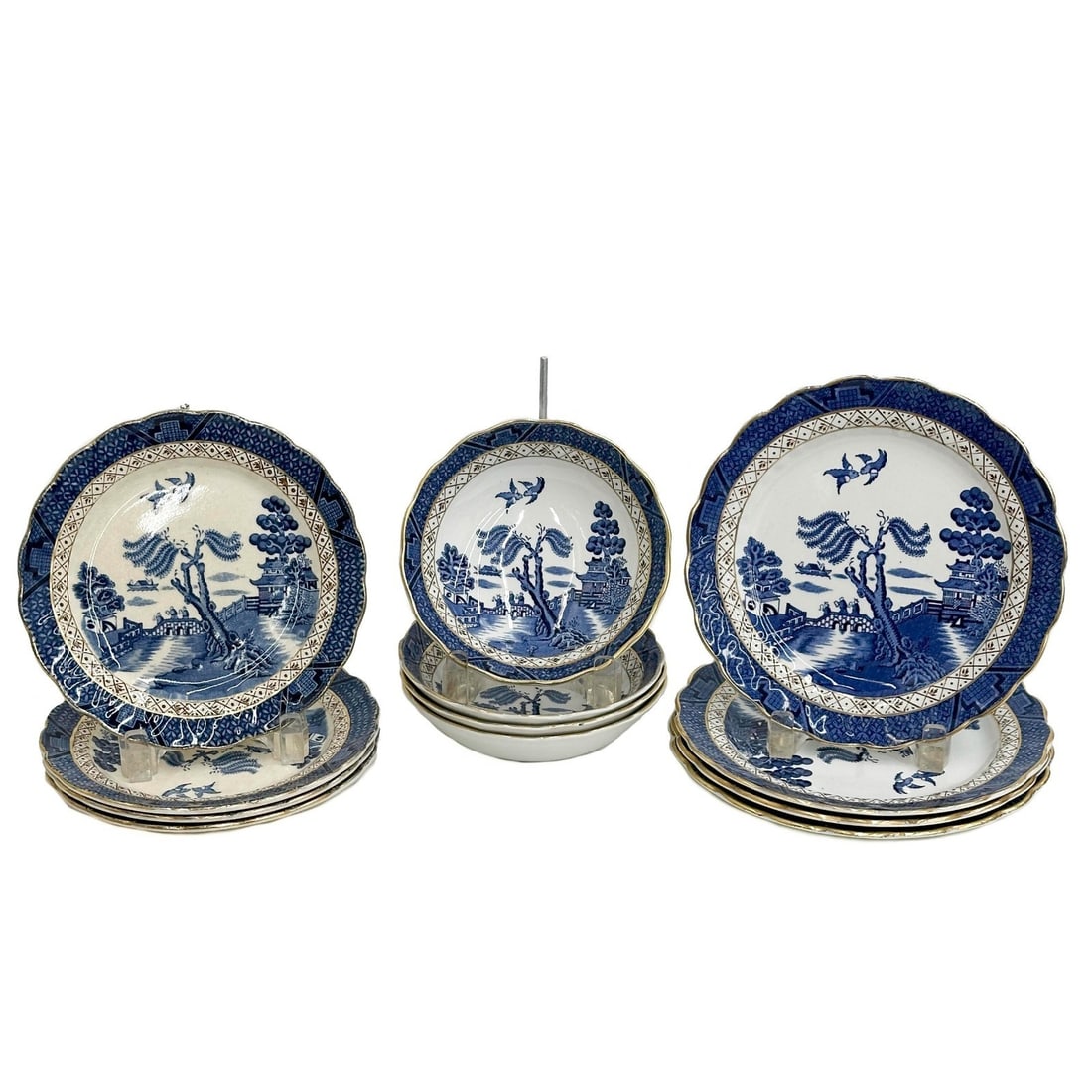 12pc Booths England Porcelain Real Old Willow Blue Bowls & Plates for 4 c1940 (1 of 8)