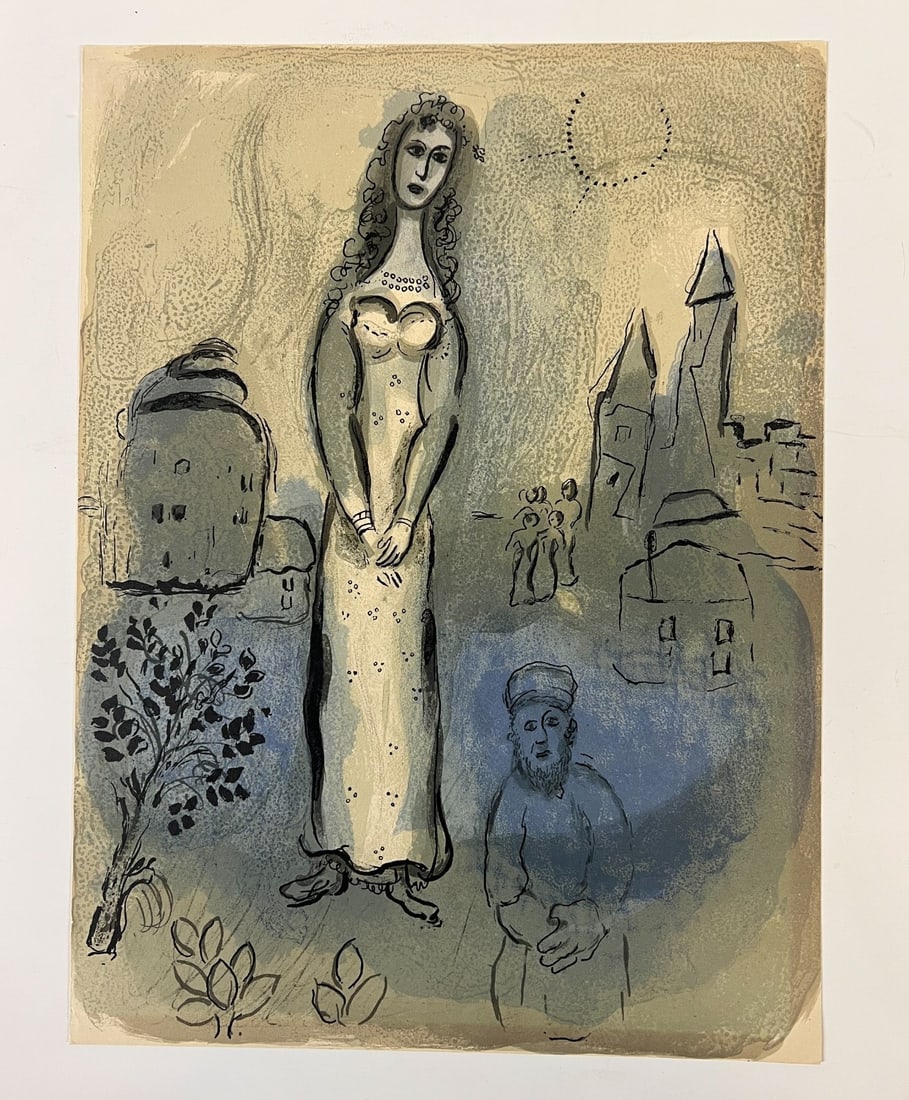Marc Chagall Lithograph in colors Esther 1960: Marc Chagall (Russian/French 1887-1985)Lithograph in colors, title "Esther", from the Verve Bible series. Part of a series of bible lithographs commissioned for Verve magazine. 1960. printed by Mourlo