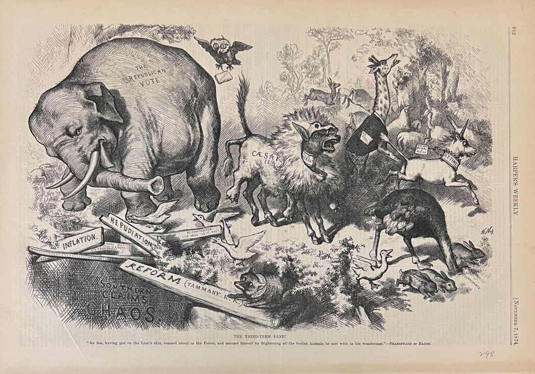 Thomas Nast Harper's Weekly First Cartoon of Republican Elephant 1874: Thomas Nast Harper's Weekly Political Cartoon Lithograph, Authentic Newspaper page titled "The Third-Term Panic" published November 7, 1874. It is widely considered the first notable use of an elephan