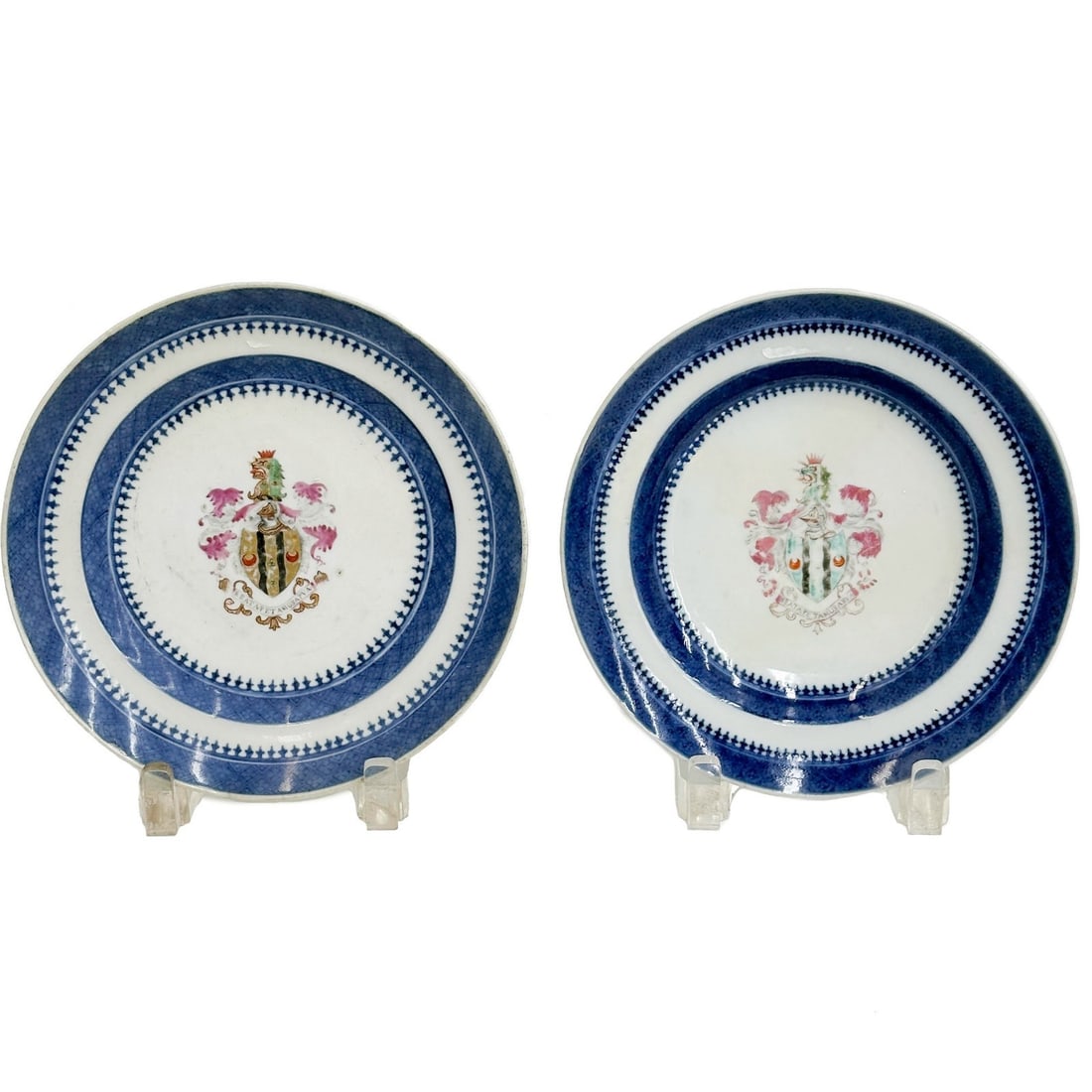 Pair Chinese Export Hand Painted Porcelain Snodgrass Armorial Plates: Pair Chinese Export Hand Painted Porcelain Armorial Plates. Hand painted Snodgrass coat of arms to center. Weight: Approx. 1 lb Measurements: Approx. 7.75 inches diameterCondition: Each heavily restor