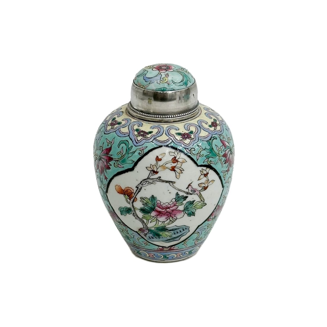 Tetard Freres French Silver Mounted Chinese Enameled Porcelain Tea Caddy: Tetard Freres French Sterling Silver Mounted Chinese Enameled Porcelain Tea Caddy, late 19th/early 20th century. Hand painted enameled floral decoration to the body. Sterling silver mounts with French