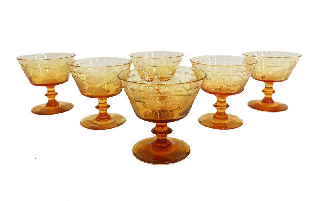 6 Steuben Amber Art Glass Etched 3.5 inch Wine Goblets 1st Half 20th Century (1 of 6)