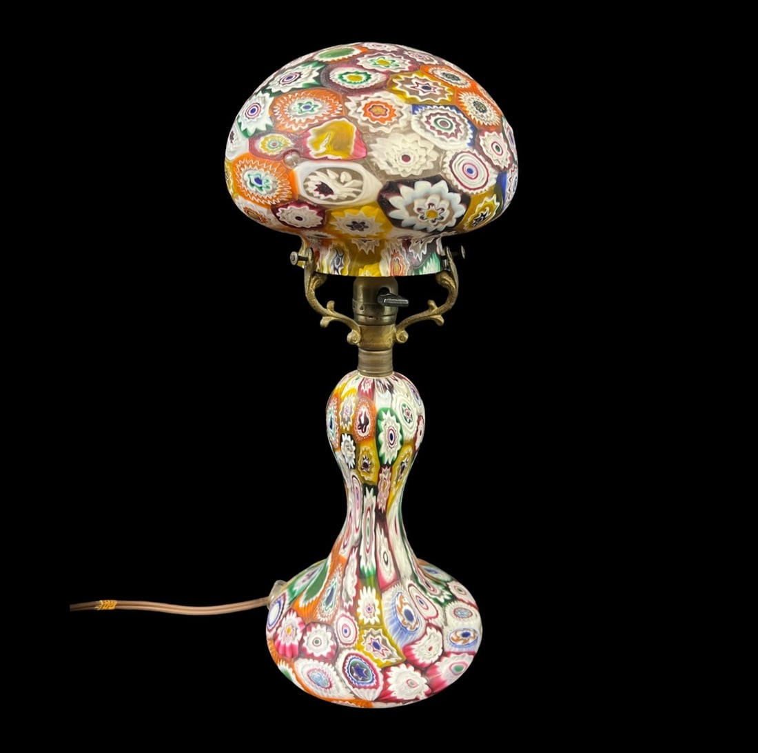 Murano Millefiori Glass Boudoir Lamp Fratelli Toso: Murano Millefiori Glass Boudoir Lamp c1920-25, attributed to Fratelli Toso. Multicolored glass, switch, plug. Hardware marked 'H&H' for Hart & Hegeman. Working condition. 2lbs Measurements: Approx. 13