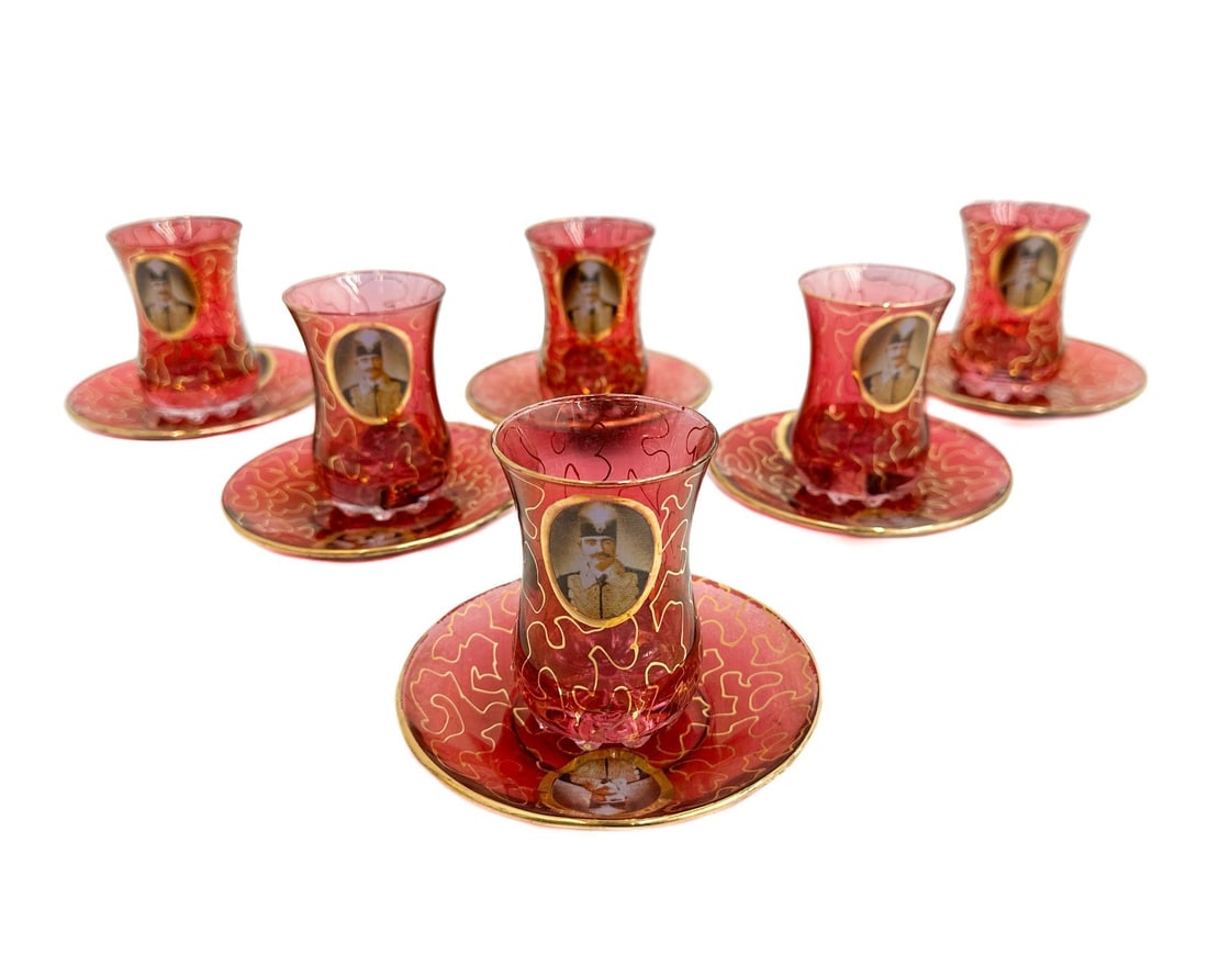 6 Vintage Persian Cranberry Red and Gilt Shah Abbas Glass Cup and Saucers (1 of 8)
