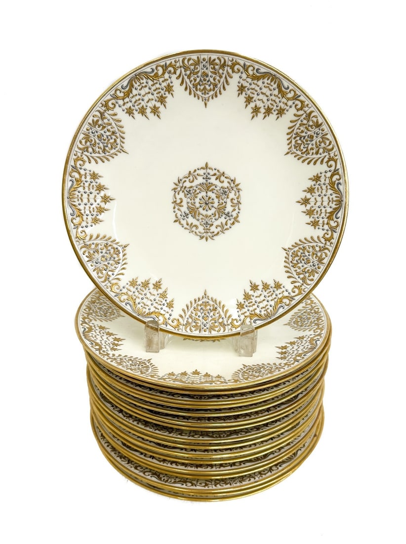 17 Mintons England Porcelain Gold Silver Encrusted 9.5 inch Dinner Plates c1900 (1 of 10)