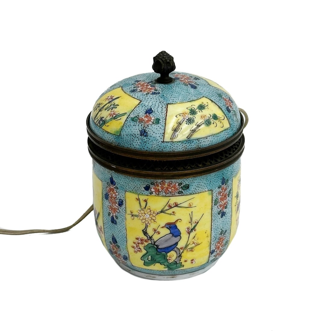 Chinese Enameled Porcelain Mounted Lamp Jar early 20th century: Chinese Enameled Porcelain Jar Mounted as a Lamp, probably early 20th century. Enameled decoration to the body of birds and florals. Metal lamp mounts. Weight: Approx. 1 lb Measurements: Approx. 3.825