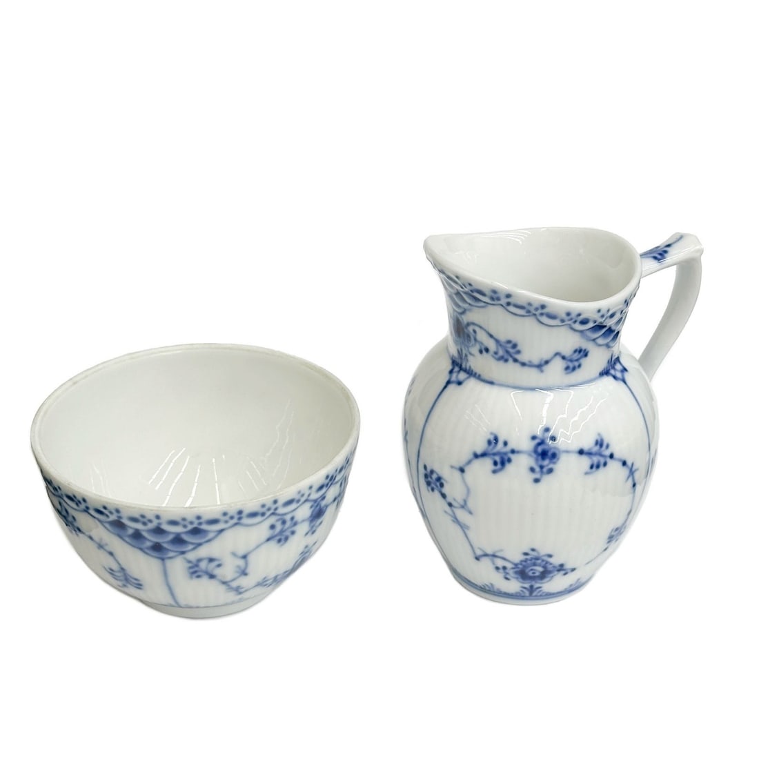 Royal Copenhagen Denmark Half Lace Open Sugar Bowl #713A & Creamer #522: Royal Copenhagen Denmark Porcelain Blue Fluted Half Lace Mini Open Sugar Bowl #713A and Creamer #522. Blue fluted porcelain with half lace design. Underside marked for Royal Copenhagen Denmark, sugar