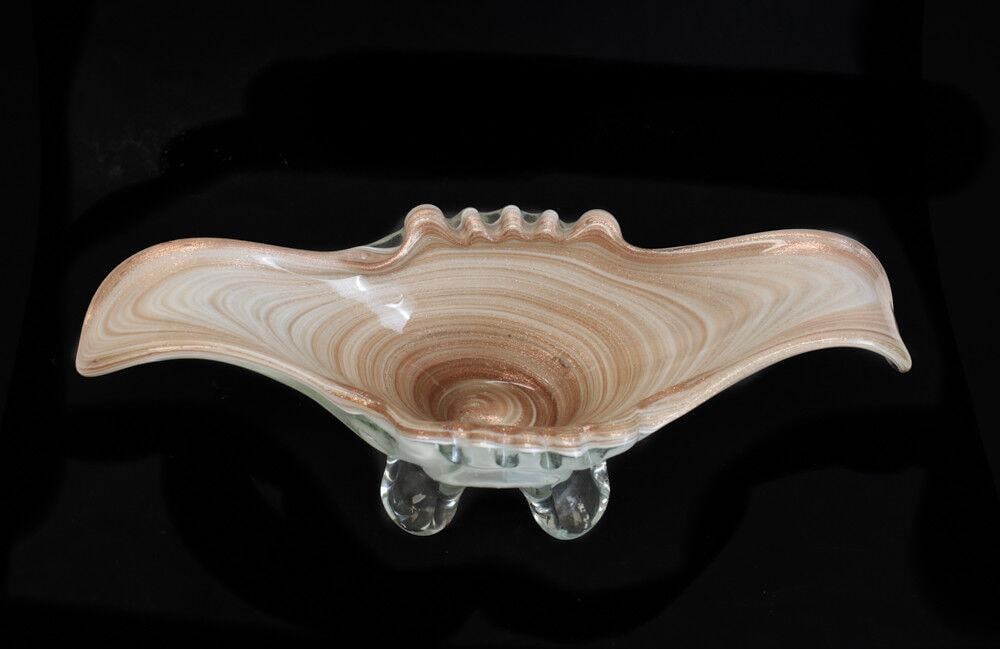 Murano Art Glass Mid-Century Gold Fleck Centerpiece Bowl, circa 1970: Murano art glass and gold fleck scallop footed centerpiece bow, circa 1970. Beautiful scallop rim edges with glitter gold fleck accents. Weight: Approx. 2 lbs Measurements: Approx. 17" x 7" x 6" heigh