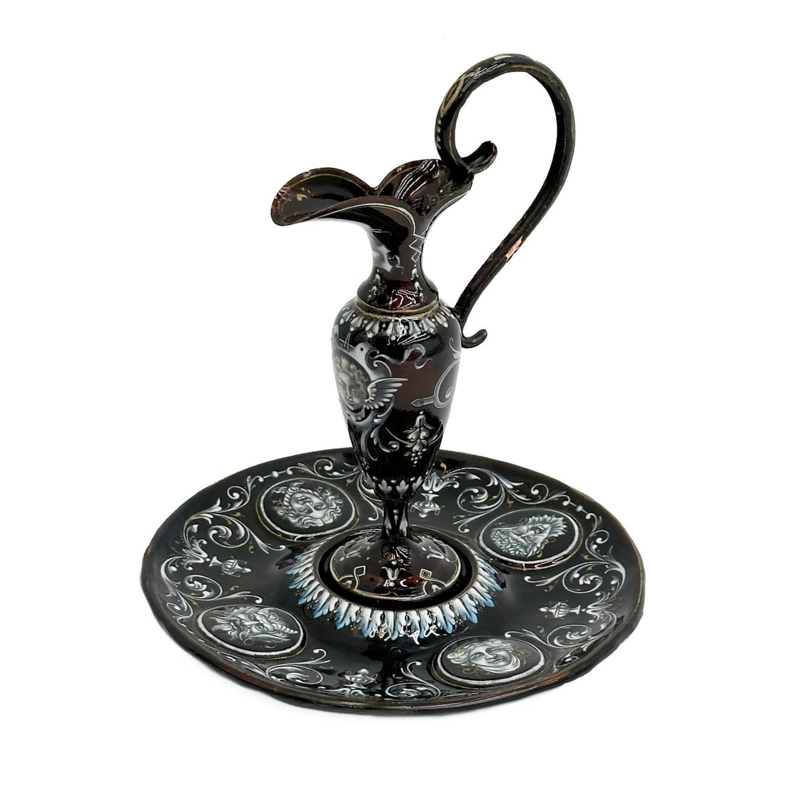 French Limoges Enamel Miniature Ewer with Stand Painted Faces 19th century (1 of 12)