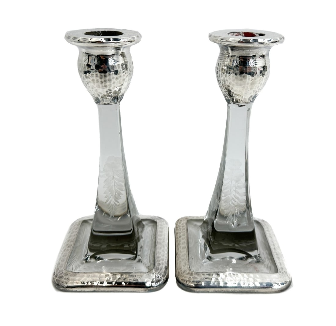 Vintage Pair Hand Hammered Sterling Silver and Cut Glass Candlestick Holders (1 of 10)