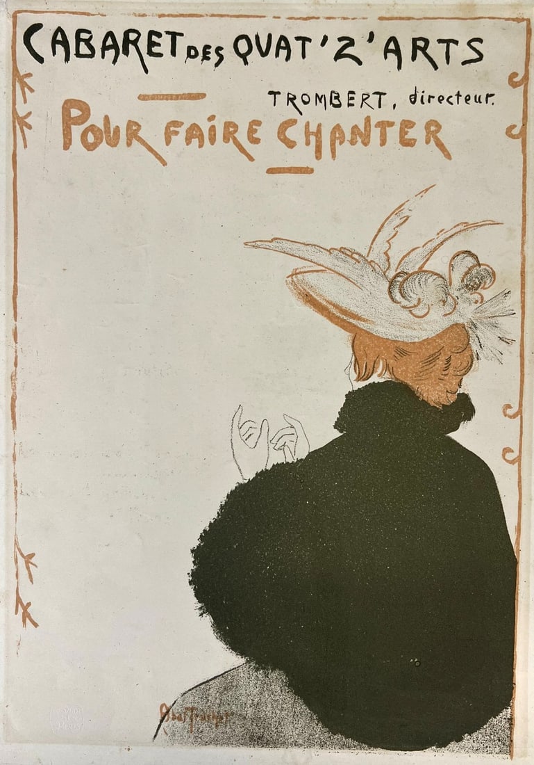Louis Abel Truchet Color Lithograph Cabaret des Quat 'z' Arts c1900: Louis Abel-Truchet (French 1857-1918) Color Lithograph on paper, titled 'Cabaret des Quat 'z' Arts'; directeur Trombert. Possibly print before letters (as in a program) Signed in plate lower center. (