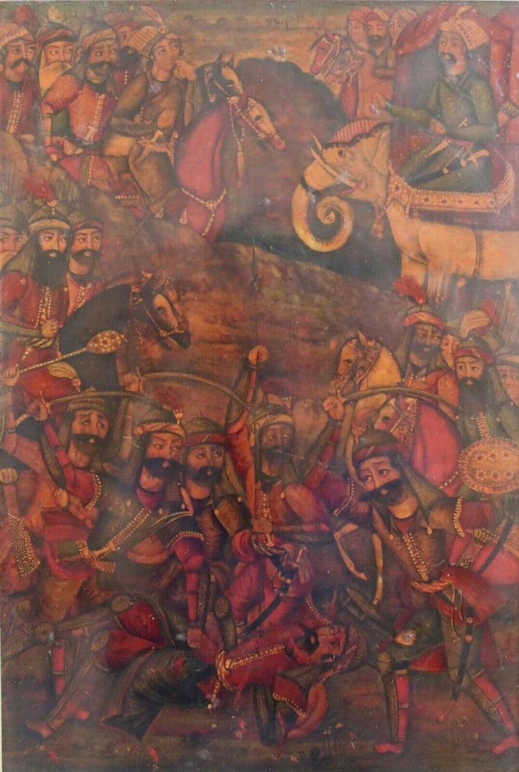 Middle Eastern Oil Painting of Battle Scene with horses / elephant (1 of 6)