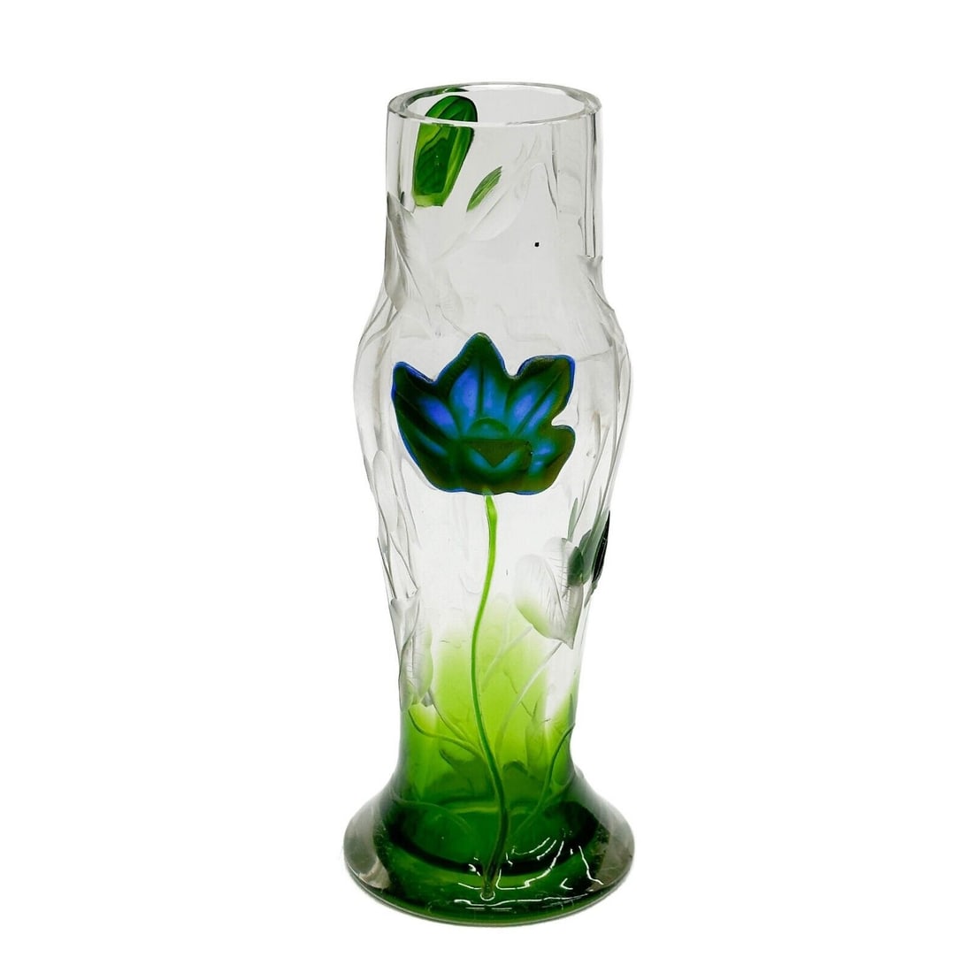 Moser Marquetry and Intaglio Art Glass Vase Blue Green Florals: Moser Marquetry and Intaglio Art Glass Vase. Clear and green colored glass vase, engraved leaves to the sides, blue and green applied floral accents. Underside marked Moser Karlsbad. Weight: Approx. 2
