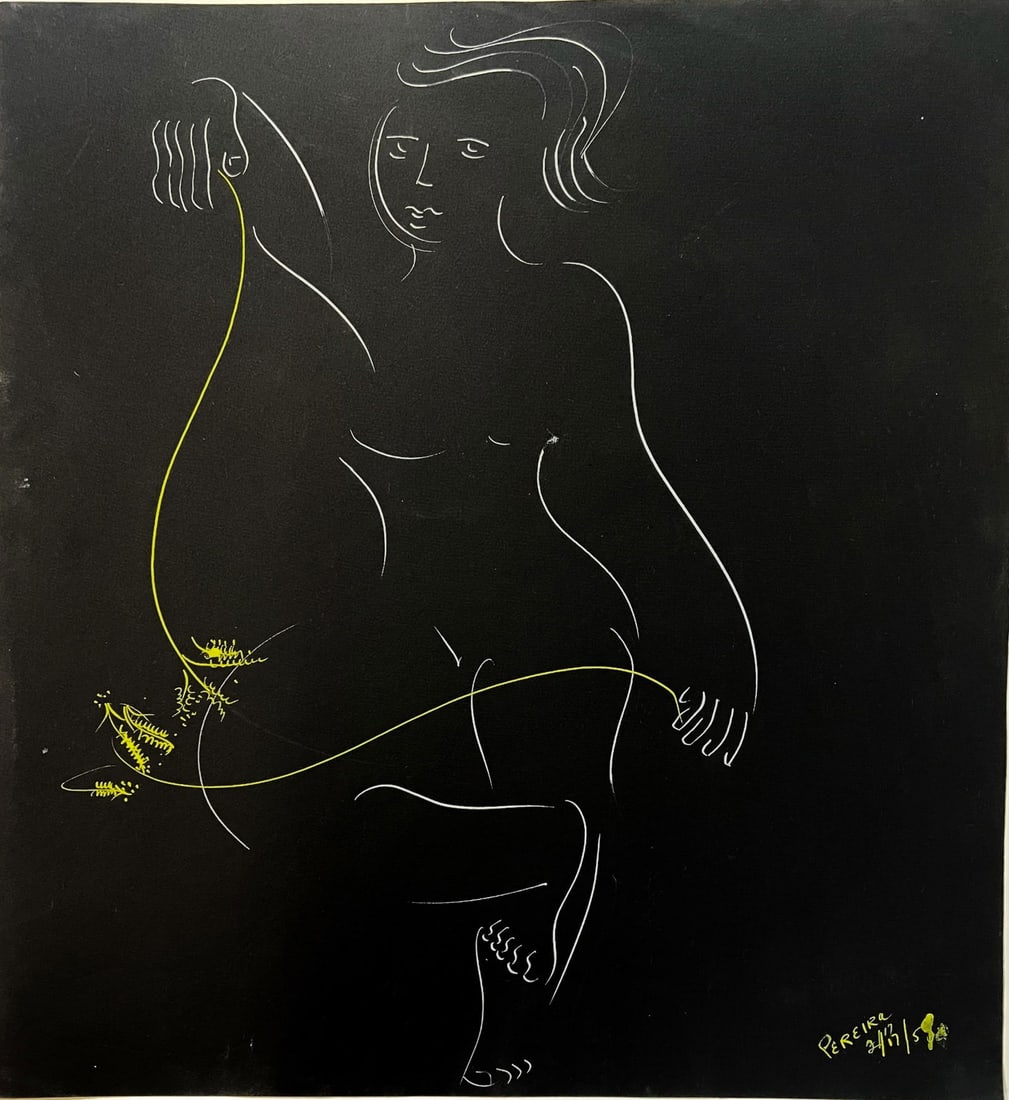 Irene Rice Pereira Gouache line drawing on black paper Abstract figure c1950: Irene Rice Pereira (American 1902-1971) Gouache line drawing on black paper, Abstract figure, signed and dated lower right c1950. Unframed. Measurements: Approx. 18.5 x 19.75 inches Condition: Very go