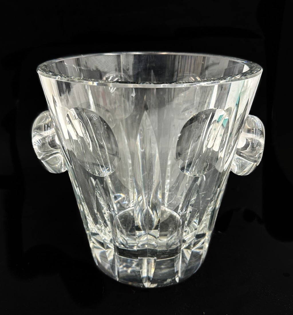 Vintage Cristal de France Twin Handled Wine Champagne Cooler Ice Bucket: Vintage Cristal de France Twin Handled Wine Champagne Cooler Ice Bucket. Modern lobed exterior with round handles. Marked "Cristal de France" to underside. Weight: Approx. 8 lb Measurements: Approx. 9