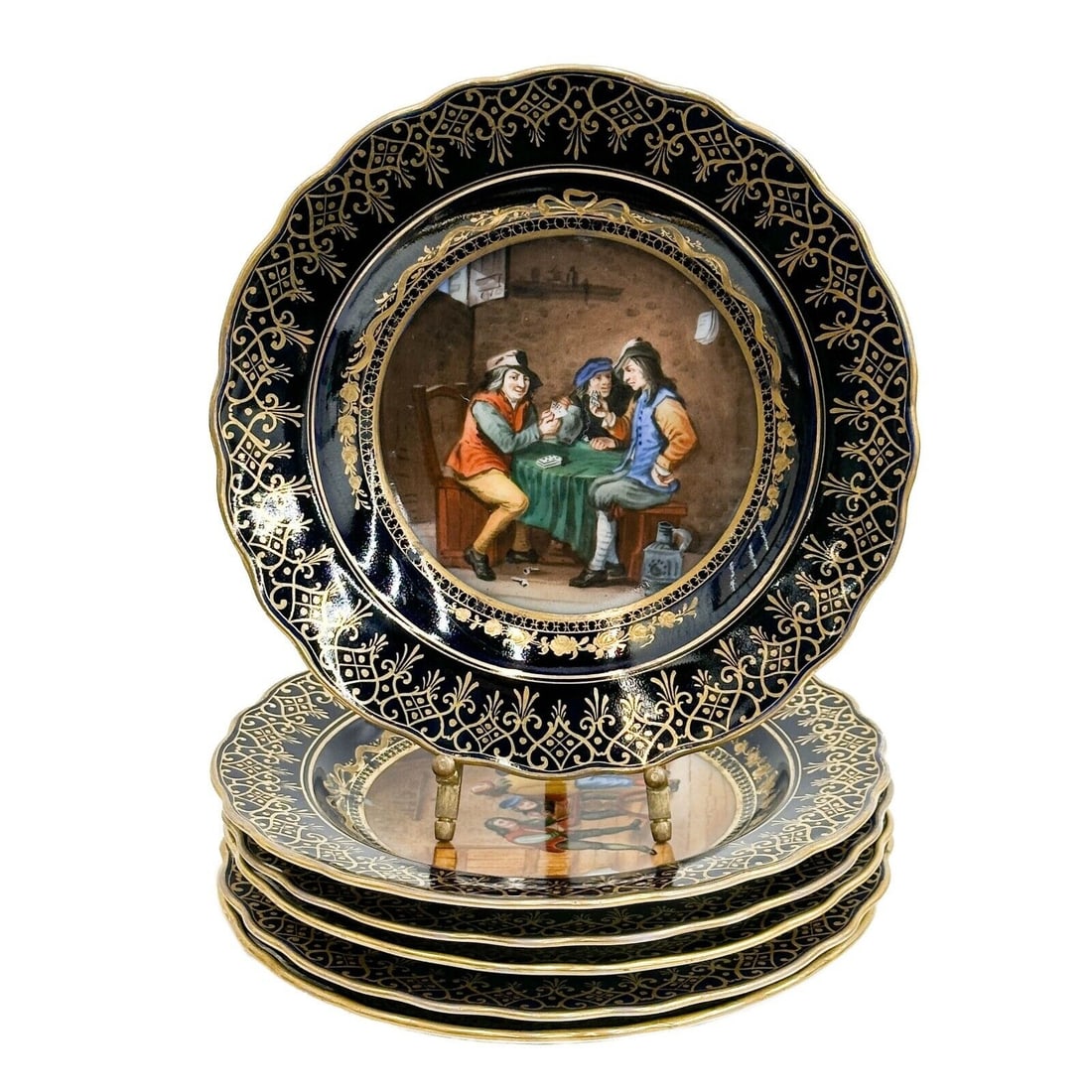 6 Dresden Germany Hand Painted Porcelain Dessert Plates Tavern Scenes c1920: 6 Dresden Germany Hand Painted Porcelain Dessert Plates, circa 1920. Hand painted tavern scenes to the center, underside marked Dresden. Weight: Approx. 4 lbs Measurements: Approx. 7.75 inches diamete