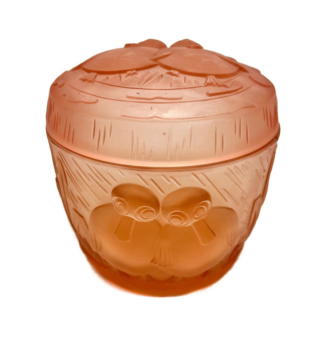 Czech Cranberry Red Art Glass Molded Cranberry Glass Lidded Jar, Mid Century: Czech Cranberry red art glass molded cranberry glass lidded jar, Mid Century. Molded owls to wall and lid. Weight: Approx. 1 lbs Measurements: Approx. 4 inches diameter x 4 inches tall Condition: Mino