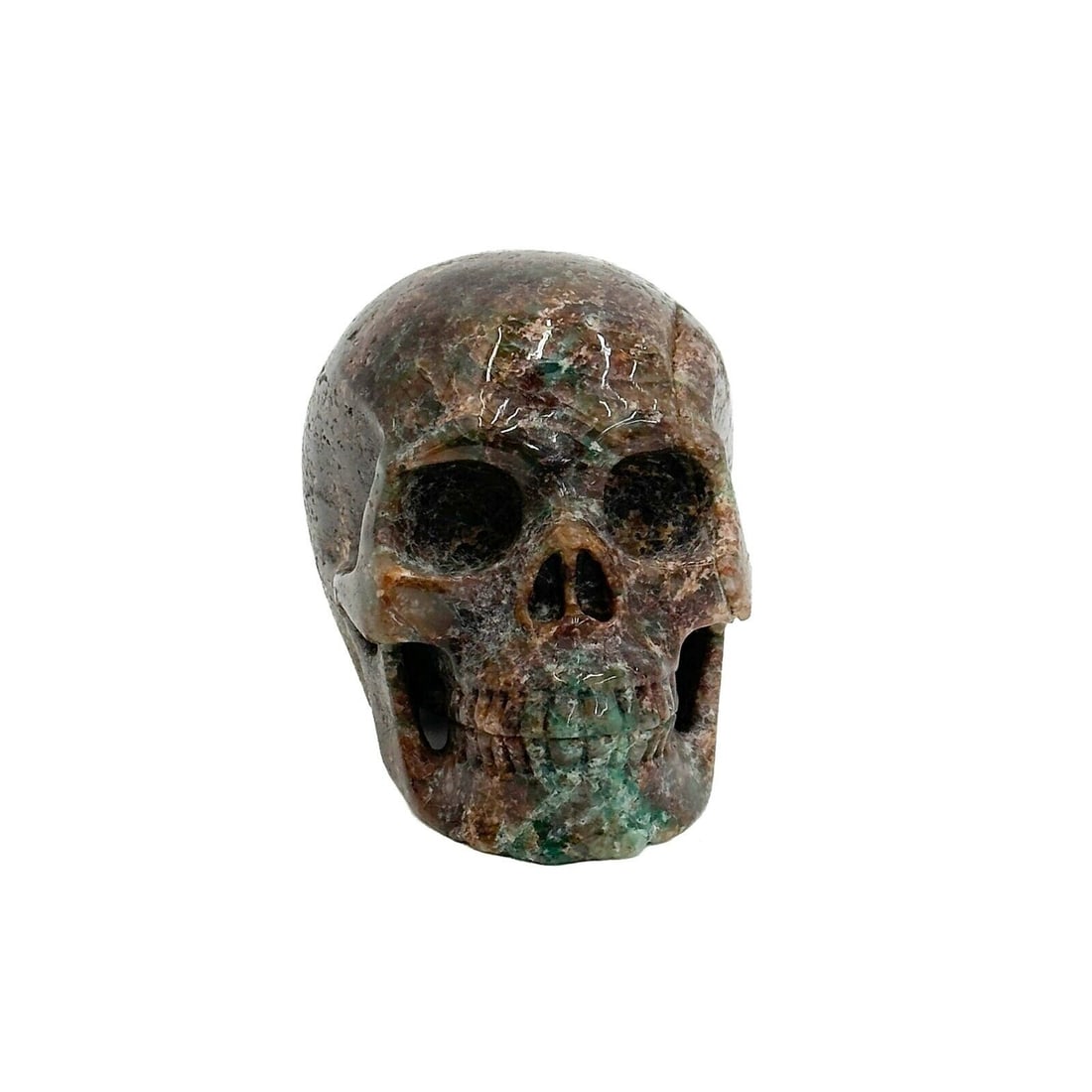 Carved Brown Grey Green Marble Stone Skull Figurine: Carved Brown, Grey, and Green Marble Stone Skull Figurine Weight: Approx. 3 lbs Measurements: Approx. 5 inches x 3.25 inches x 3.75 inches tall Condition: Great condition, natural occlusions to the st