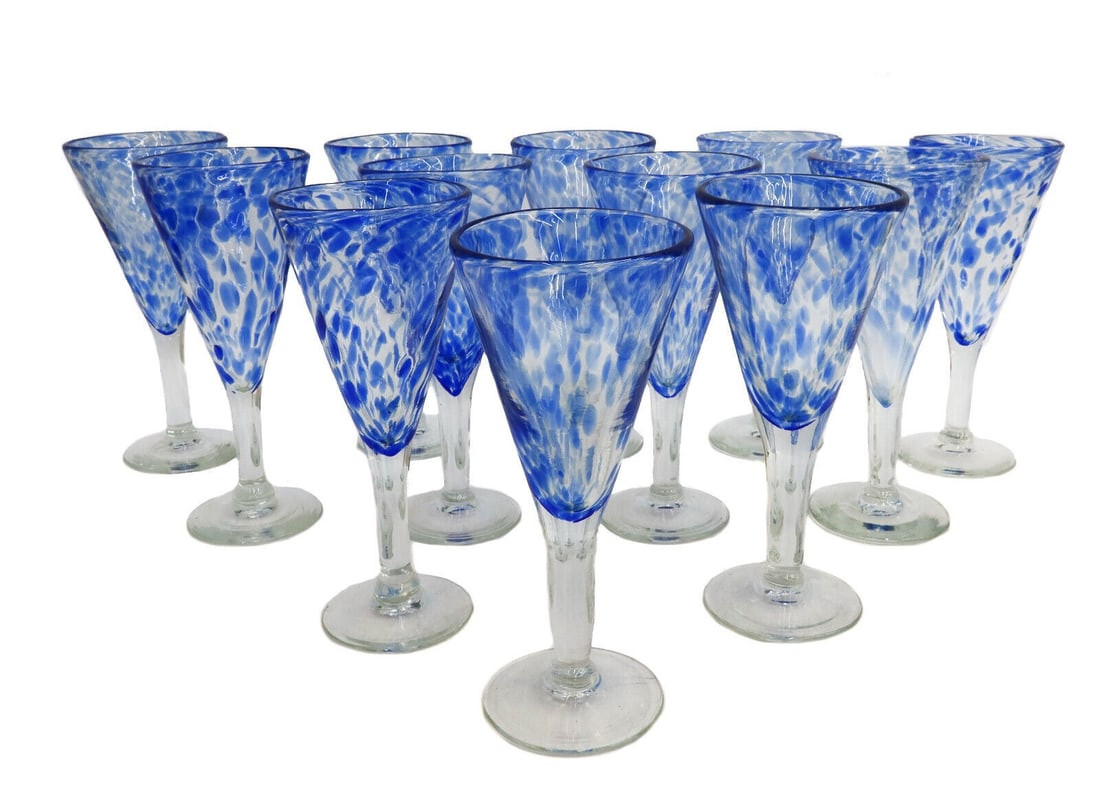 12 American Studio Glass Hand Blown Blue Mottled Wine Goblets 20th Century: 12 American Studio Glass hand blown blue mottled wine goblets, 20th Century. Polished pontil underside. Weight:approx. 8 lbs Measurements: Approx. 3.75 inches diameter x 8.625 inches tall Condition: G