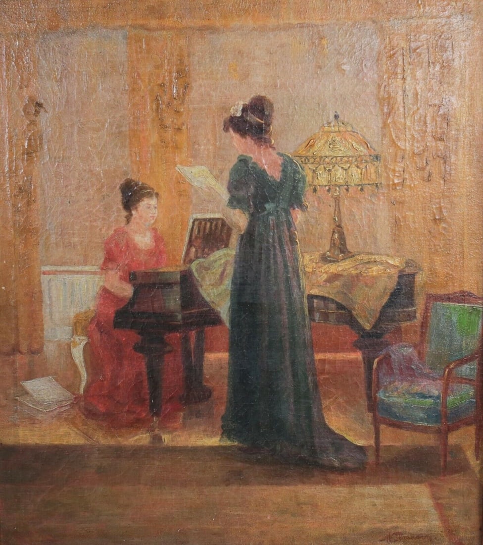 Signed Oil Painting on board Women in a music room c1890 gilt wood frame: Oil Painting on board, Women in a music room, one playing piano. C1890. Signed lower right, indistinct, possibly a California artist. In gilt wood frame. 7.0lb Measurements: Approx. painting 17.75 x 1