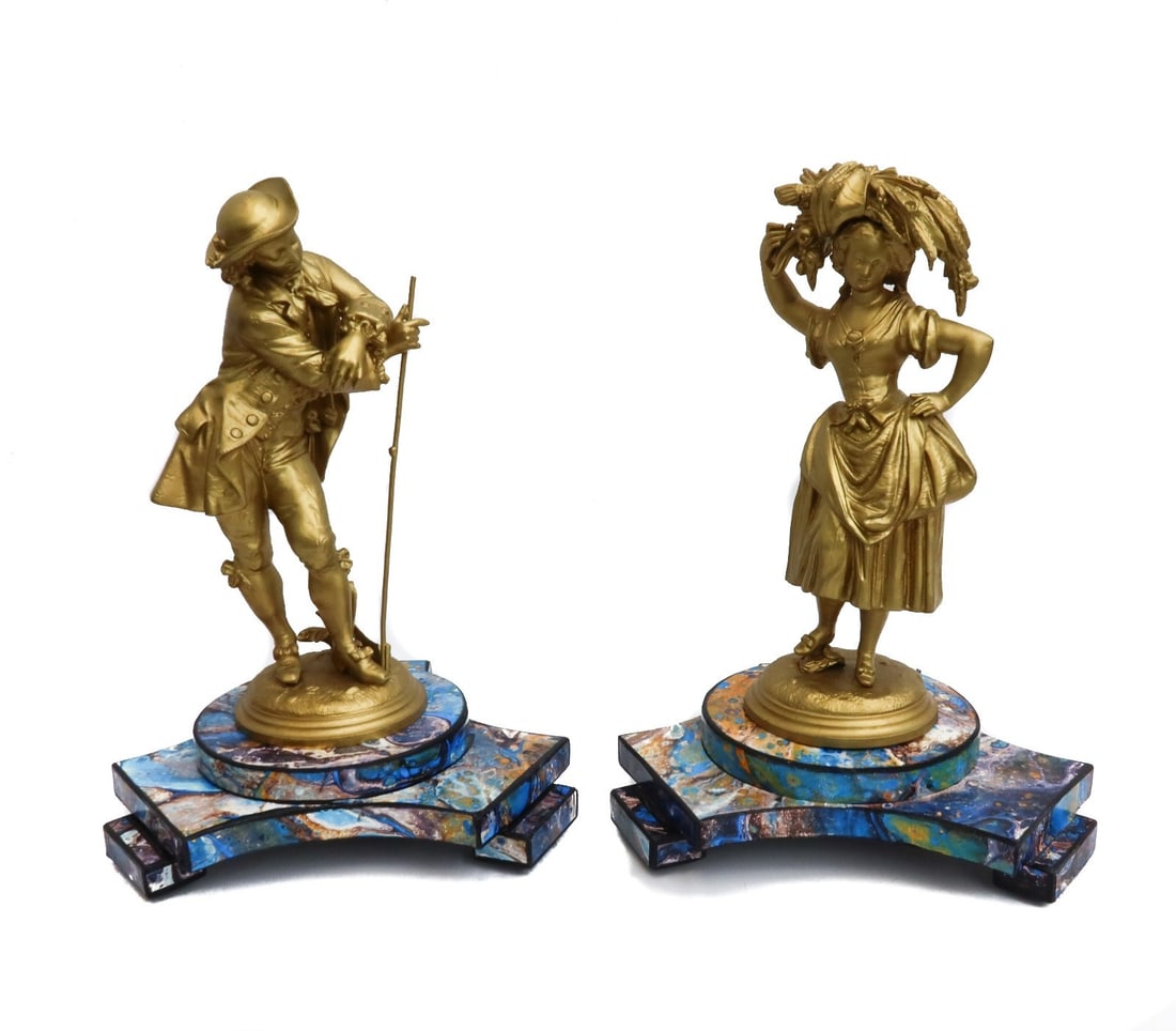 Pair Vintage Gilt Metal Figural Sculptures on Wood Bases Stamped PH Mourey (1 of 10)