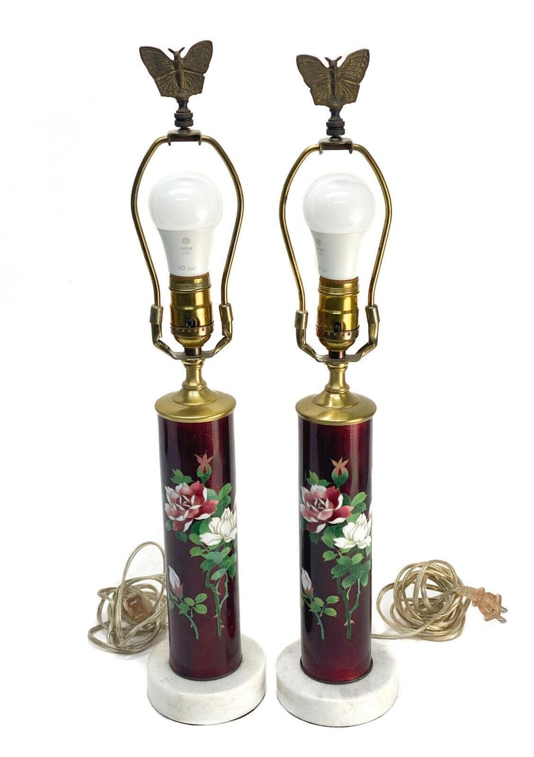 Pair Japanese Cloisonne Red Ginbari Foil Enamel Lamps, 1st Half 20th Century (1 of 6)