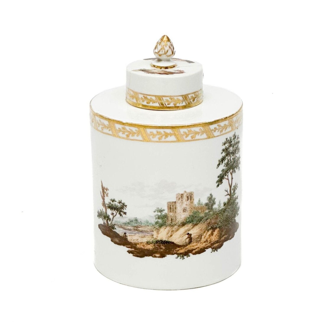 Furstenberg German Hand Painted Porcelain Topographical Tea Caddy c. 1800 (1 of 7)