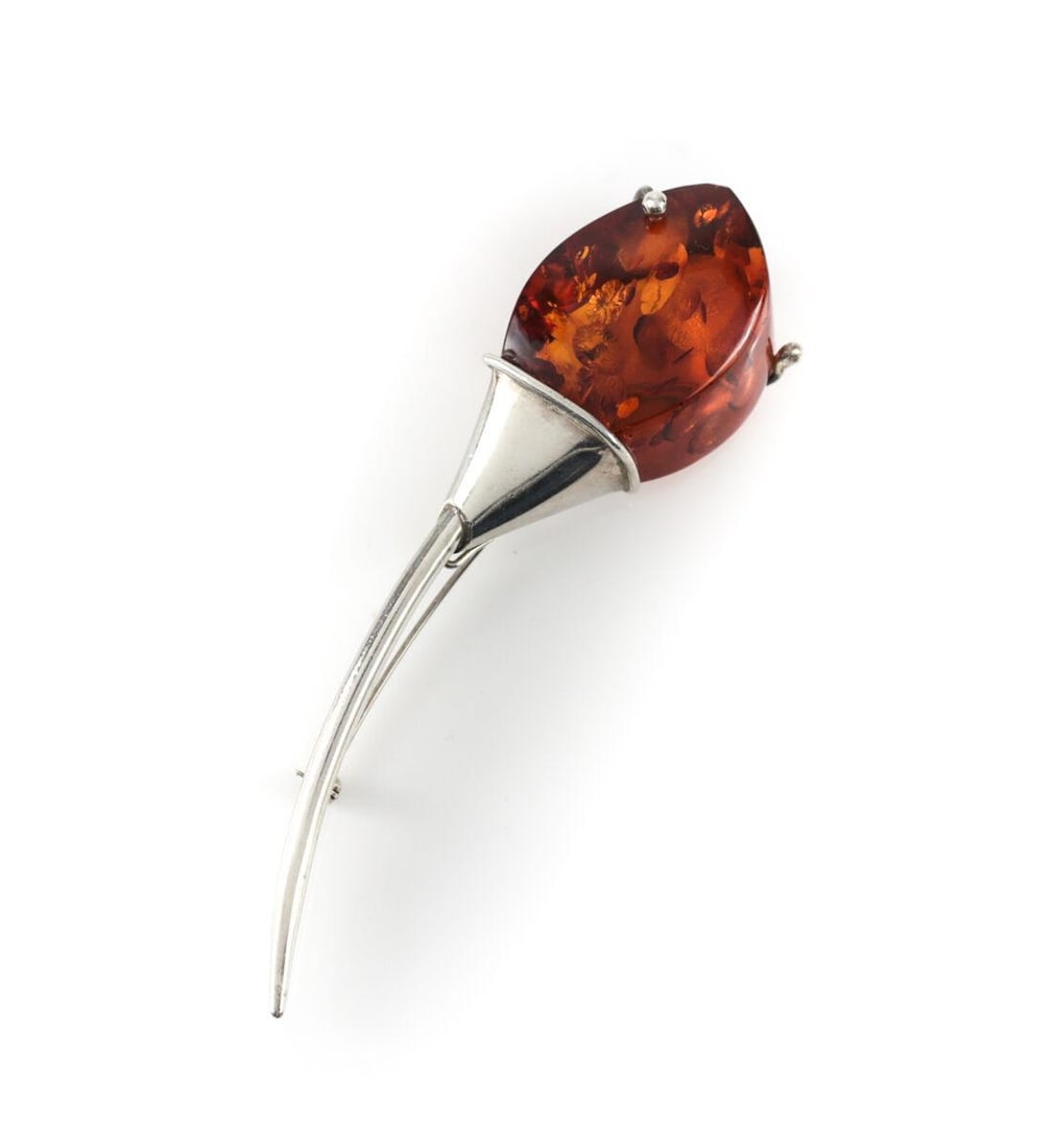 Vintage Sterling Silver Cognac Baltic Amber Modernist Flower Brooch large stone (1 of 3)