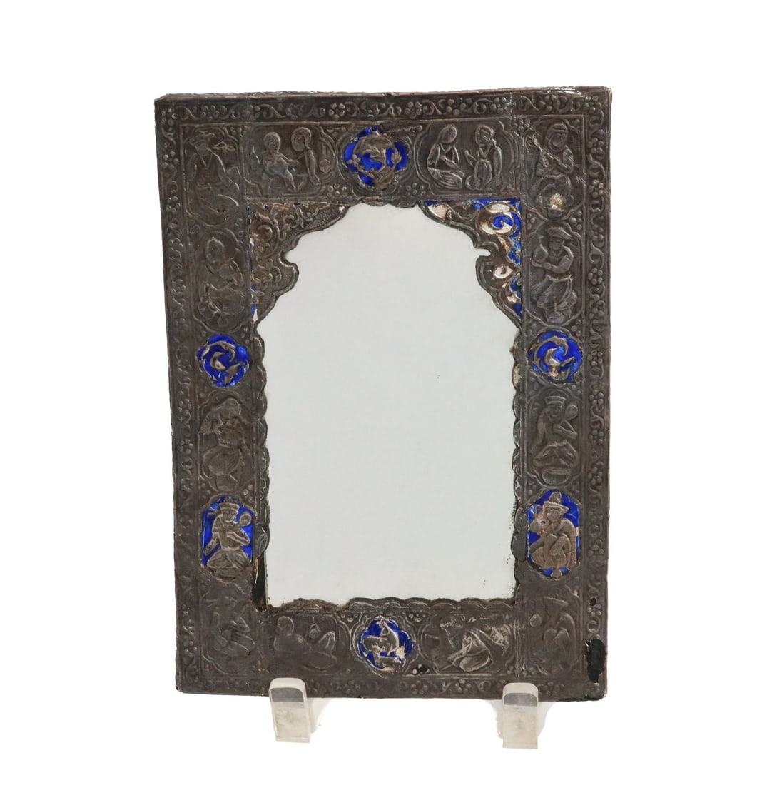 Persian Silver Leaf and Blue Guilloche Enamel Figural Mirror Early 20th Century (1 of 8)