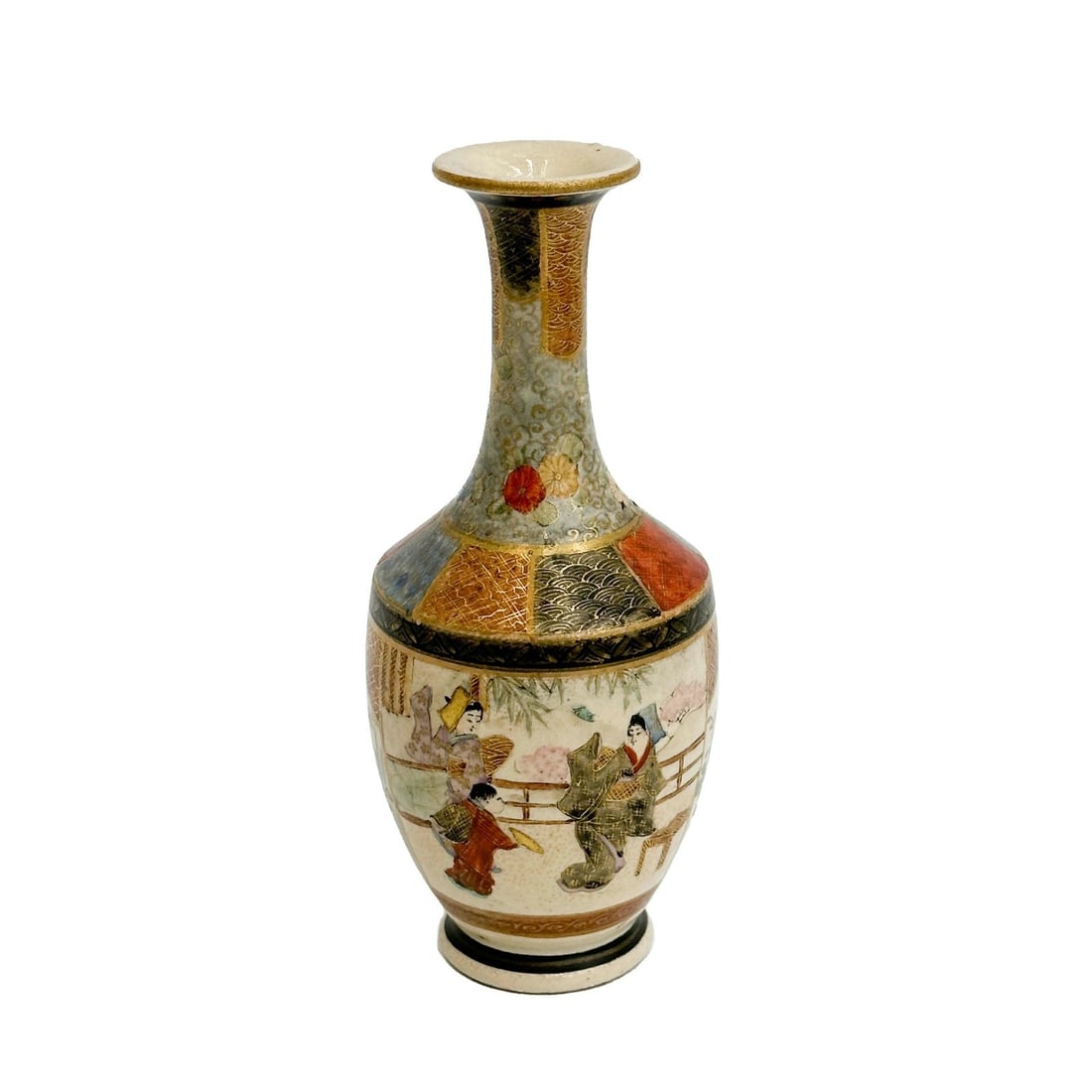 Japanese Satsuma Hand Painted Porcelain Vase Meji period: Japanese Satsuma hand painted porcelain vase, Meiji period. Scene with figures to the body, gilt accents. Unidentified maker's mark to the underside. Weight: Approx. .5 lb Measurements: Approx. 2.25 i