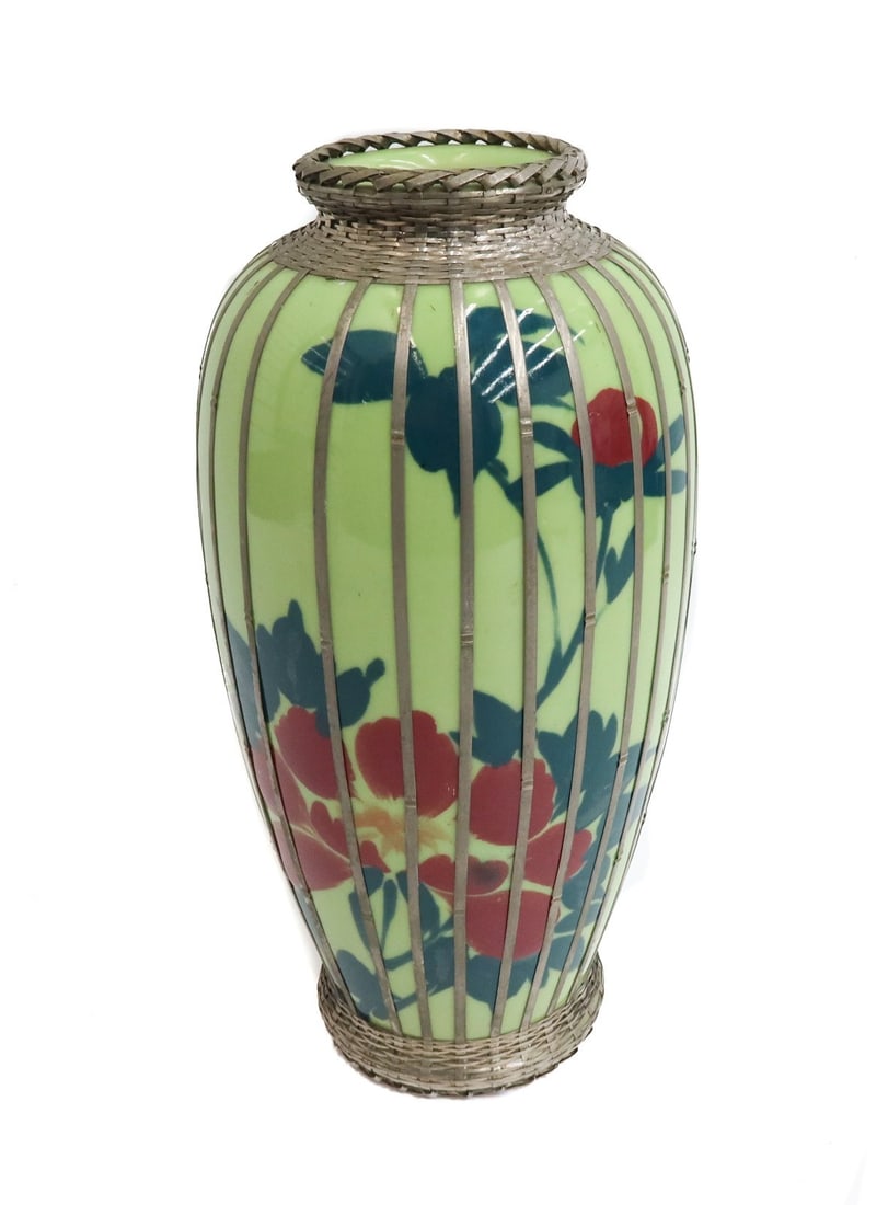Japanese Porcelain and Weaved Silvered Metal Vase Red Florals (1 of 7)