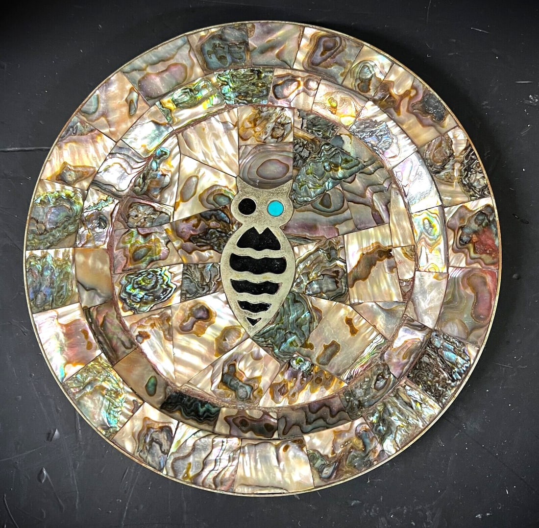 Vintage Los Castillo Mother of Pearl Mosaic silverplate dish / tray OWL (1 of 9)