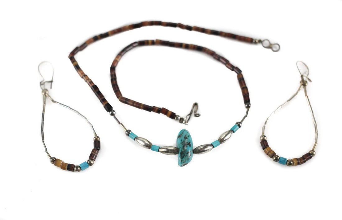 Vintage Navajo Heishi Bead Turquoise Nugget Liquid Silver Necklace Earrings Set (1 of 2)
