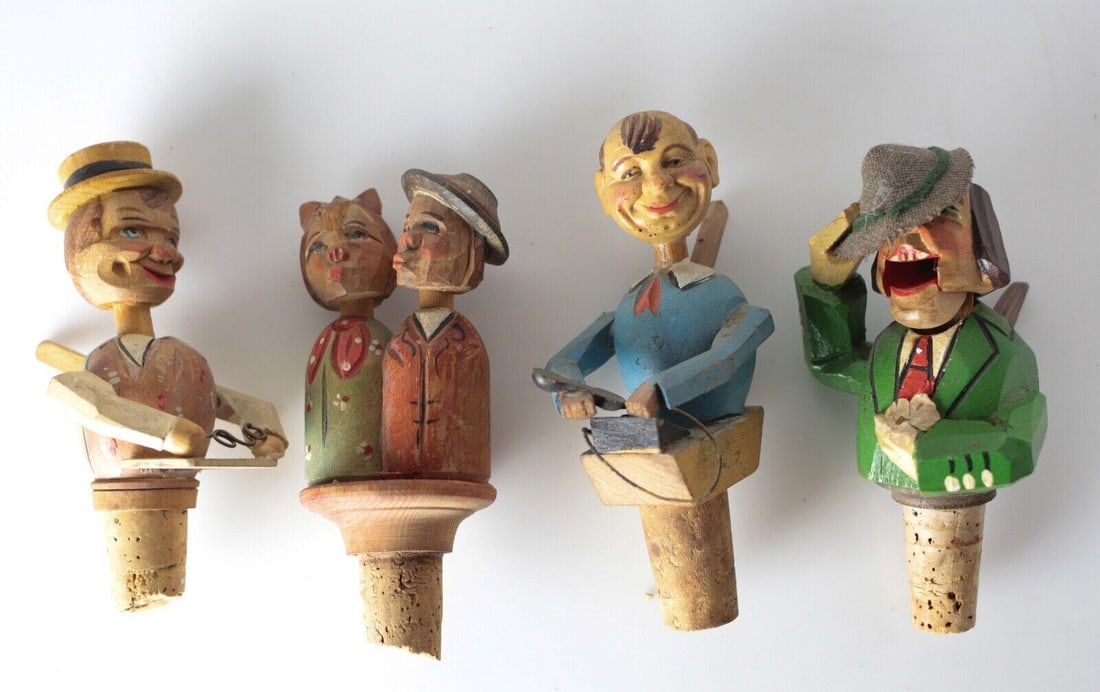 4pc Vintage German / Italian Carved Wood Articulated Mechanical Stoppers (1 of 4)