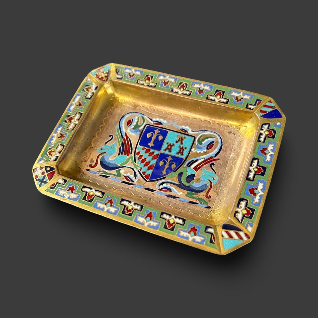 E.F Caldwell Champleve Enamel Armorial Gilt Bronze Dish Tray c1910 (1 of 8)