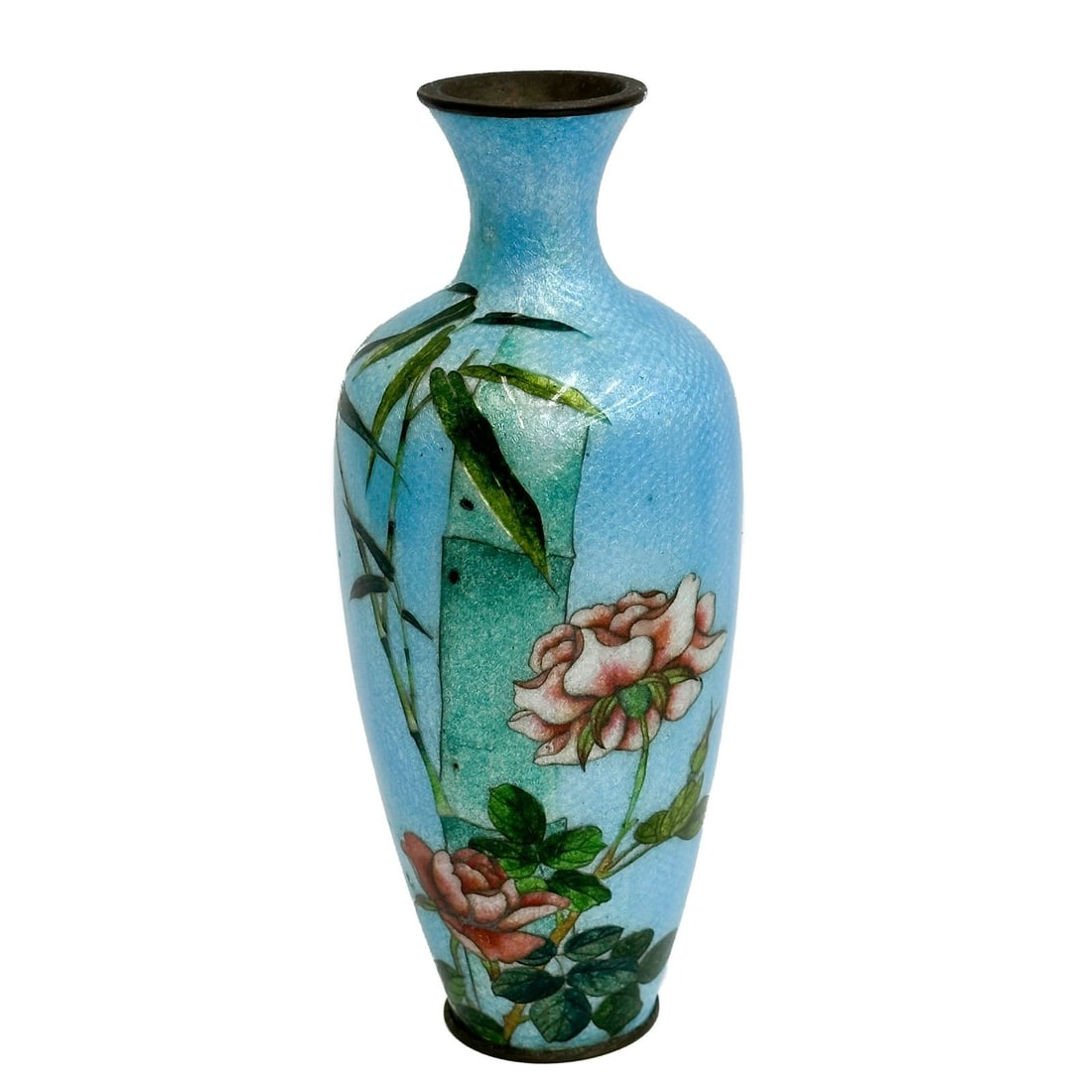 Japanese Cloisonne Enamel Vase Bamboo and Florals circa 1900: Japanese Cloisonne Enamel Vase, circa 1900. A blue ground decorated with bamboo and florals. Weight: Approx. 1 lb Measurements: Approx. 4 inches diameter x 9.5 inches tall Condition: Firing flaw holes