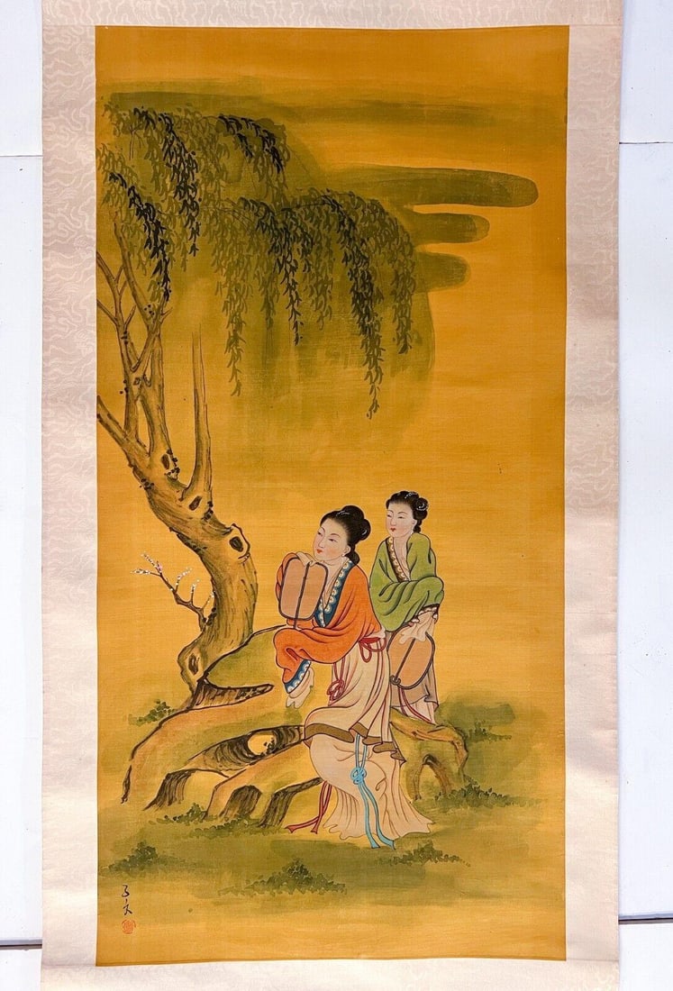Antique Vertical Chinese Silk Scroll painting two young women (1 of 6)