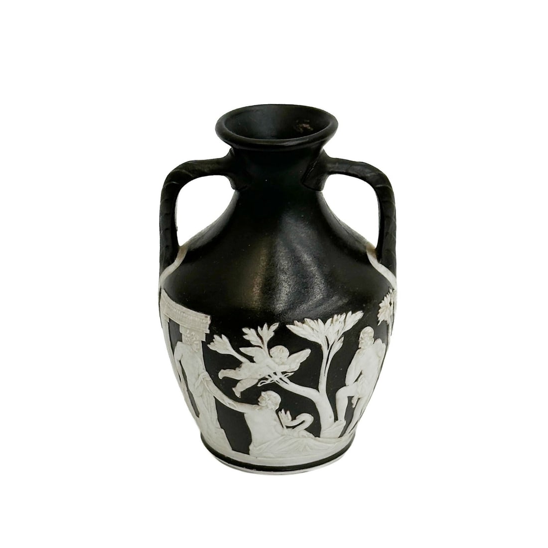 Wedgwood England Black & White Small Portland Vase 4in Height: Wedgwood England Black and White Small Portland Vase. A black ground with raised classical figures to the body. Impressed Wedgwood to the underside Weight:approx. .5 lb Measurements: Approx. 2.75 inch