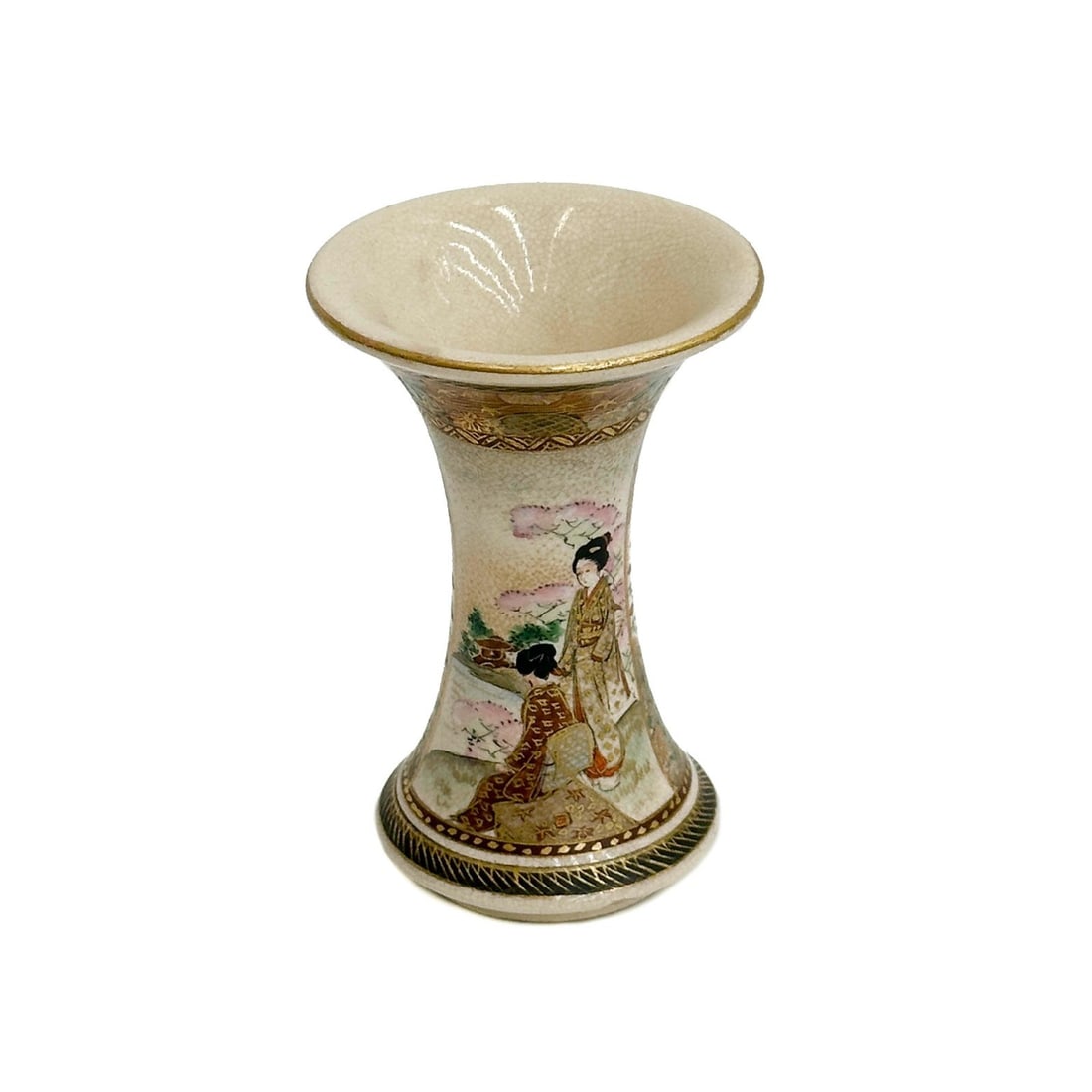 Japanese Satsuma Hand Painted Porcelain Vase Meiji period: Japanese Satsuma hand painted porcelain vase, Meiji period. Hand painted scenes with figures to the body. Unidentified maker's mark to the underside. Weight: Approx. .5 lb Measurements: Approx. 2.5 in