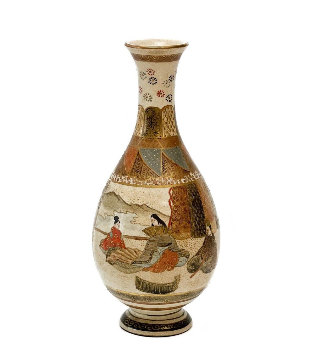 Japanese Satsuma Hand Painted and Gilt Porcelain Vase, Meiji Period: Japanese Satsuma hand painted porcelain vase, Meiji period. Colorful hand painted images with raised gilt depict an indoor scene with three figures in traditional kimono to one side and an ocean scene