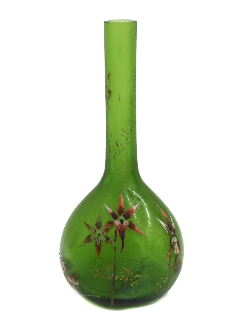 Emile Galle Depose Glass Acid Etched Enamled Orchild Mushroom Banjo Vase c1890 (1 of 9)