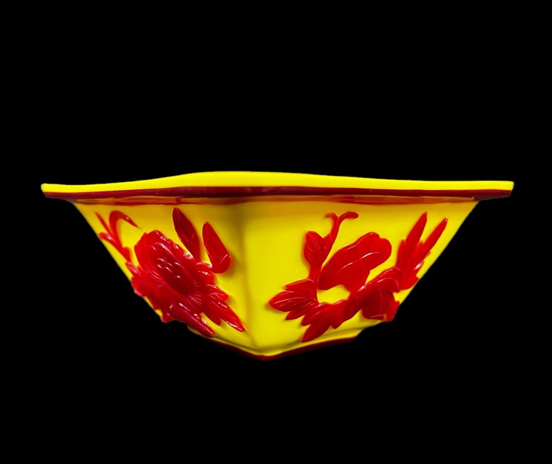 Red on Yellow Peking Glass Quadrangle bowl Republic Period (1 of 7)