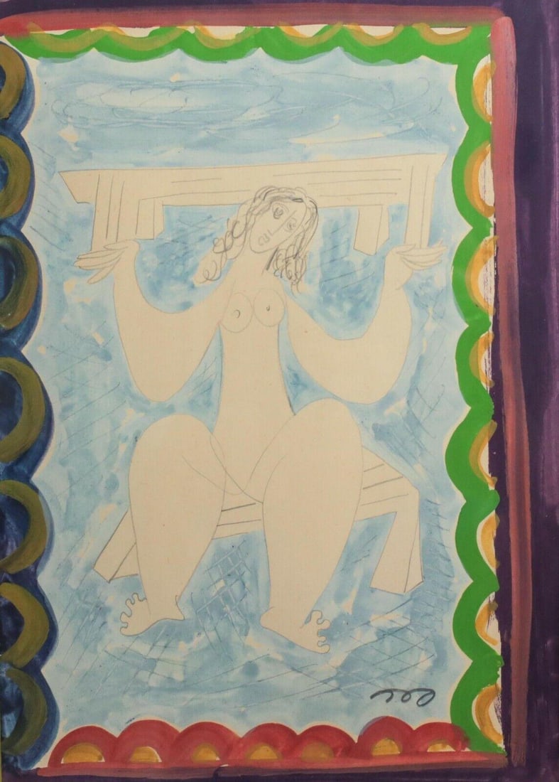 Abstract Female Nudes by Sa'ar in pencil and gouache: Works on paper, gouache, pencil, abstract female nude on bench, signed upper right Sa'ar, possibly Israeli artist. Wood frame and glazed. 3lbs Measurements: Approx. image 9.25 x 13 inches; frame 16.5 