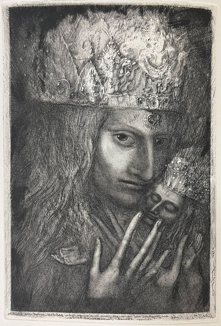 Ernst Fuchs etching Mutter Konigin Paul Proute et ses Fils in Paris 1961: Ernst Fuchs (Austrian, 1930–2015) Dry point etching on paper, a 1962 New Year's greeting folder (vœux) published by the art dealer Paul Prouté et ses Fils in Paris, features an original print titl