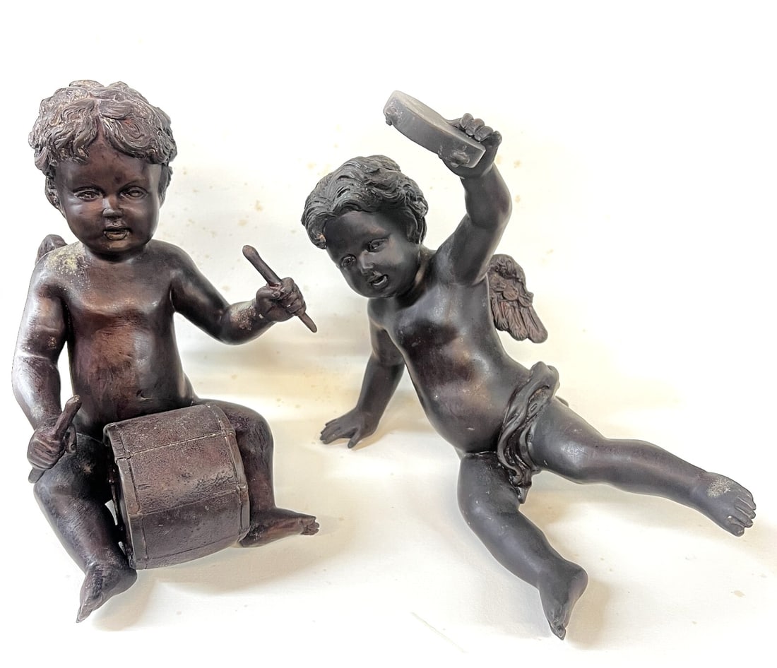 Maitland Smith Bronze Patina Putti with drum and tamborine c1980-90s. (1 of 11)