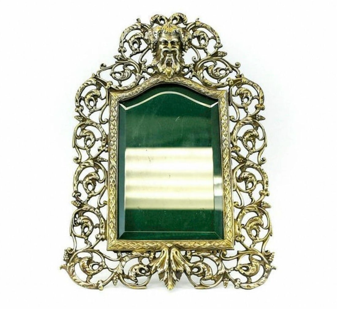 Continental Silver Plate Pierced Bacchus Photo Frame Easel Back c. 1900: Continental pierced silver plate Bacchus photo frame, circa 1900 with easel back. Pierced grape and foliate scroll border with raised centered Bacchus mask with grape wreath. Unmarked. Weight: Approx.